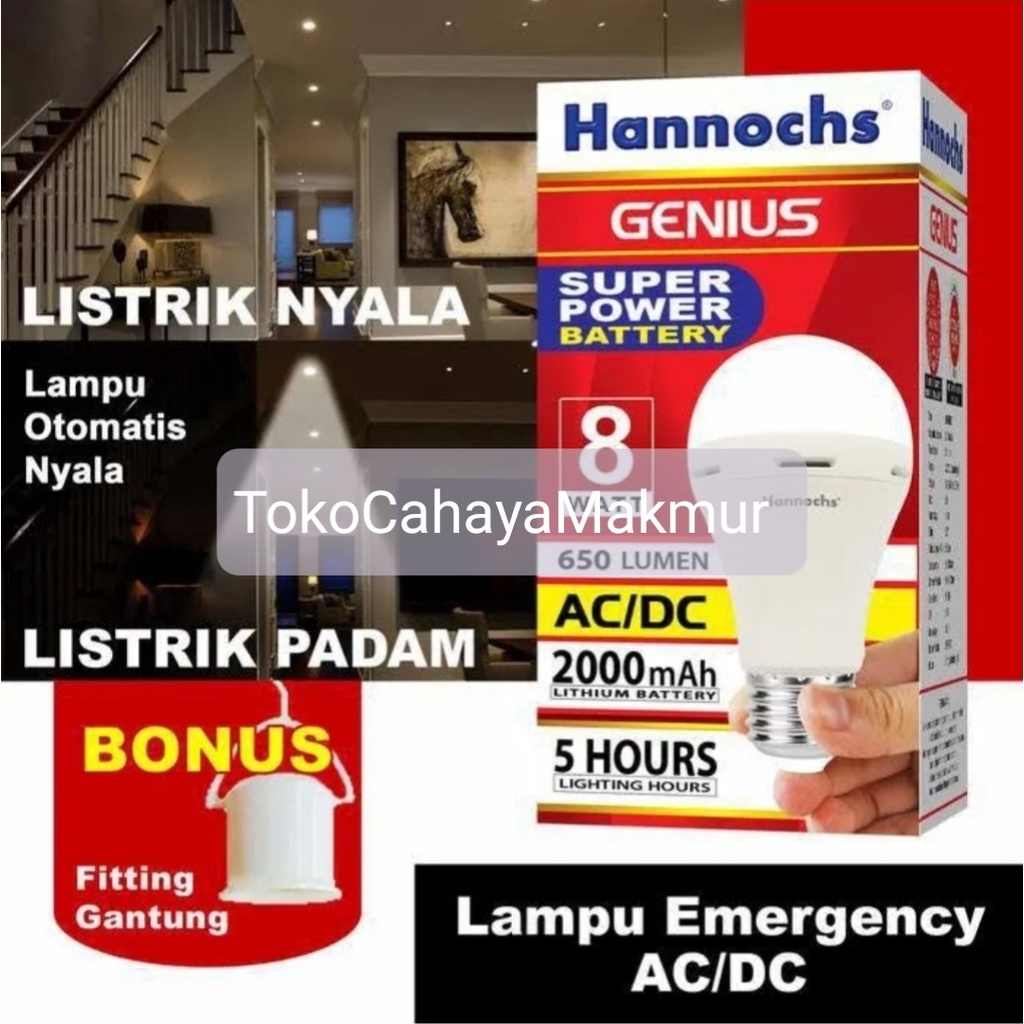 Lampu Emergency LED AC/DC Genius 8w 8watt Hannochs