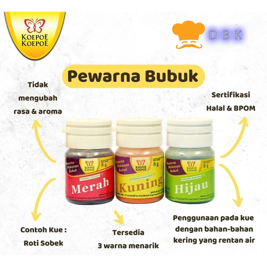 

Pewarna Bubuk Makanan 8gr Kue kering minuman KOEPOE KOEPOE / Kupu Kupu