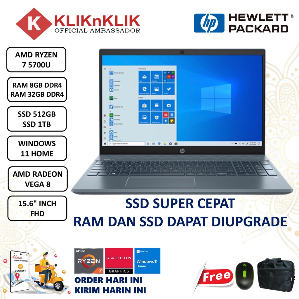 Laptop Slim HP Pavilion 15 AMD Ryzen 7 5700U 32GB 1TB SSD Vega 8 FHD Windows 11 Home Terlaris