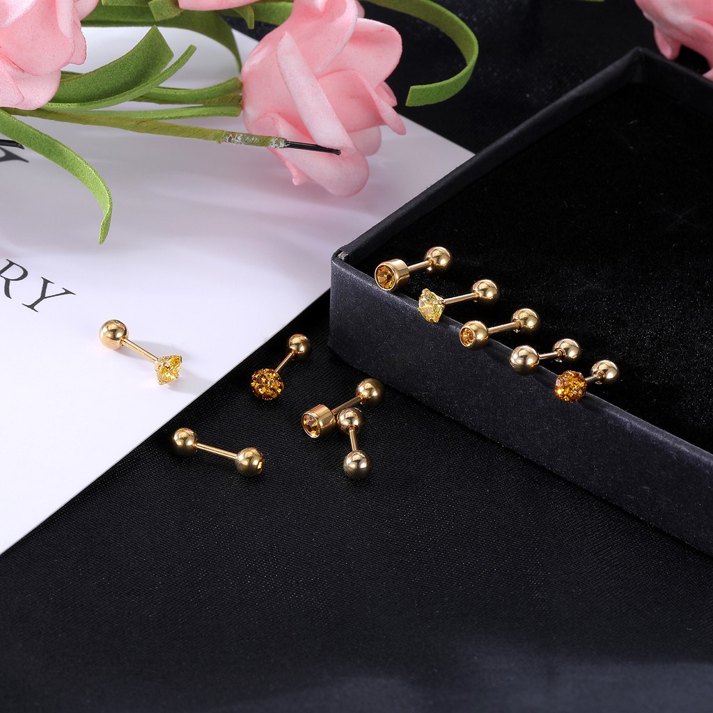 5pasang/lot Stainless Steel Ear Studs Cartilage Stud Earrings Set Tindik Kristal Barbel Helix Keong Tindik