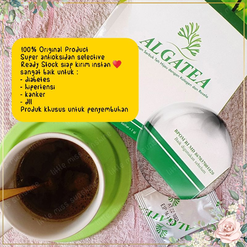 Ready Stock Siap Kirim Instan Malang Raya Minuman Serbuk Teh Hijau Dengan Kolagen dan Rosela Algatea isi 60 sachet Diet Sehat Terapi Diabetes Diabet Penyakit Gula Obat Mengobati Minuman Herbal Grosir Termurah Little Miss Sunshine Malang