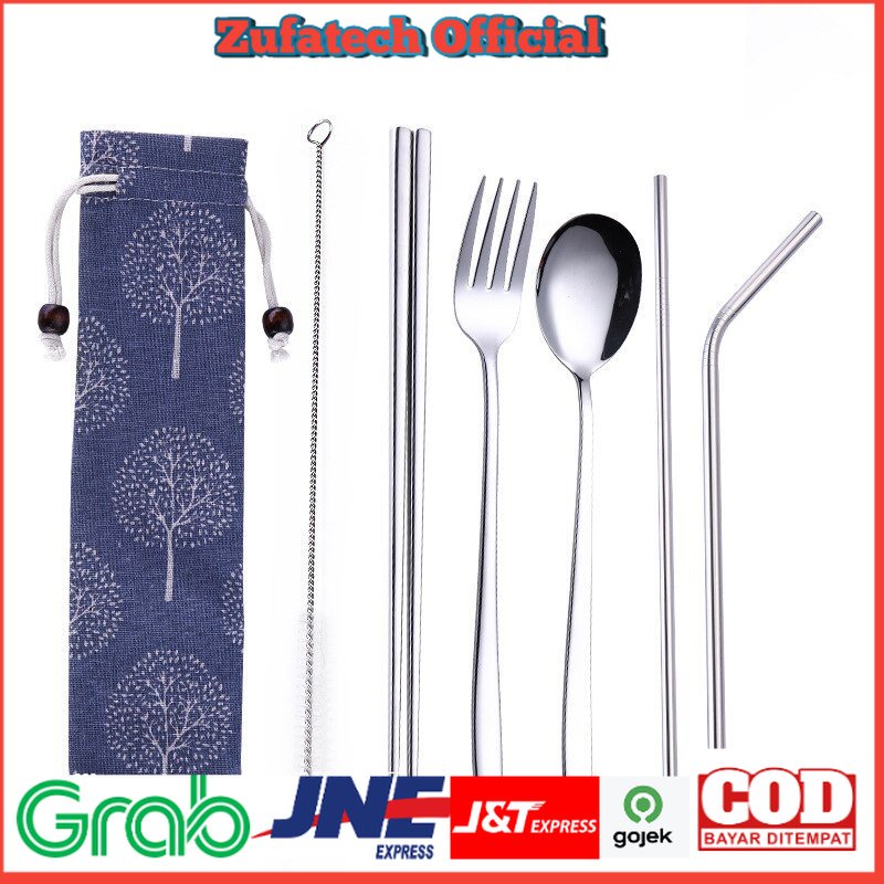 Tofok Cutlery Set Perlengkapan Makan Sendok Garpu Blue Cloth Bag 6PCS - T10