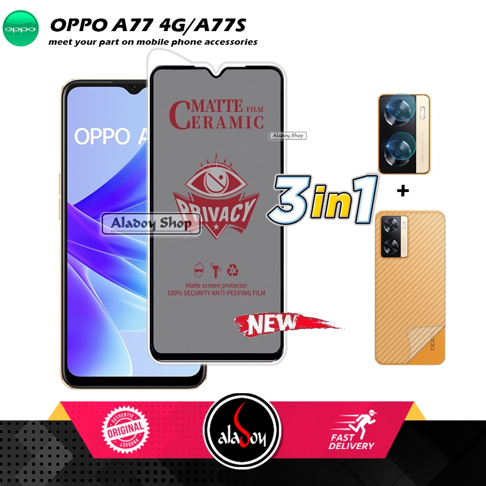 Tempered Glass Anti SPY Oppo A77 4G/A77S Anti Gores Privacy + Tempered Glass kamera dan Skin Carbon