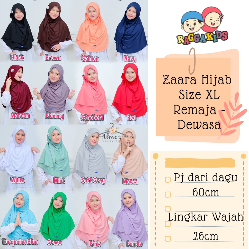 Zaara Hijab Raggakids size XL Jilbab remaja - dewasa | Jilbab instant remaja | Jilbab sekolah raggakids