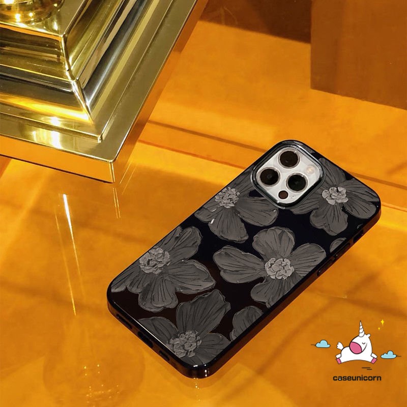 IPHONE Casing Case Ponsel Glossy Kompatibel Untuk Iphone14 13 11 12 Pro Max 7Plus 8Plus XR 78 14 Plus X XS Max SE 2020retro Lukisan Cat Minyak Bunga Halus Lembut Tpu Hitam Penutup Belakang