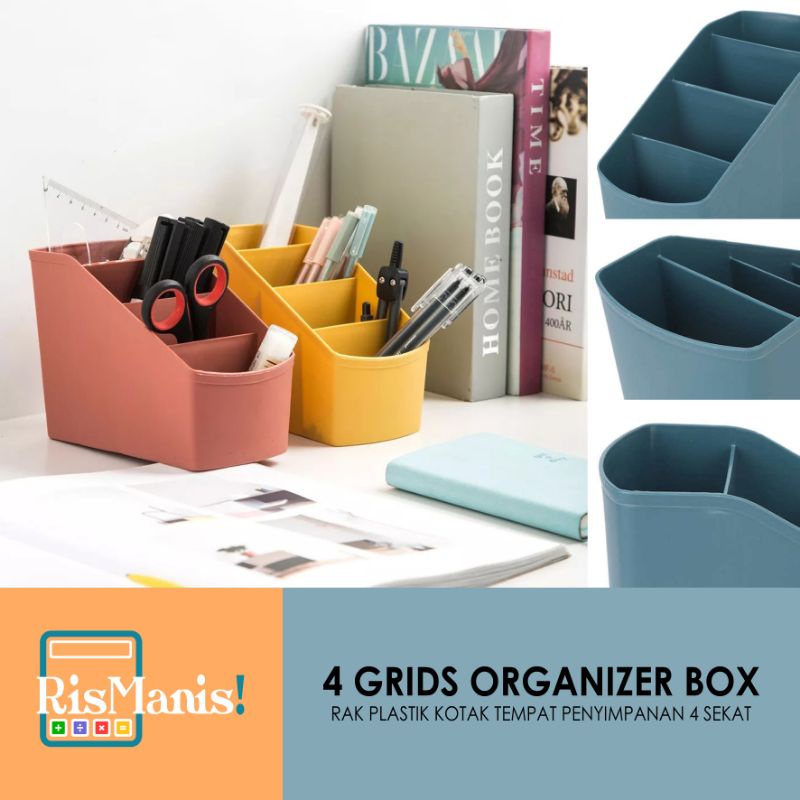 4 GRIDS ORGANIZER BOX - Rak Plastik 4 Sekat Kotak Tempat Penyimpanan Serbaguna Keranjang ATK Storage Meja Kerja Alat Tulis Peralatan Makeup Rias Perlengkapan Mandi Remote TV AC