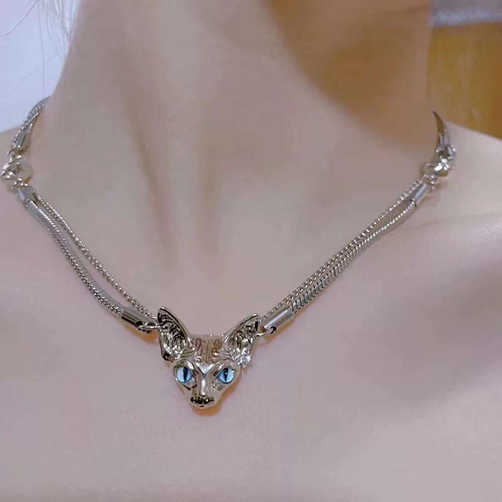 Y2k Wanita Korea ins Elegan Kepala Kucing Liontin Double layer Klavikula Rantai Choker Ringan Mewah Kalung Perhiasan