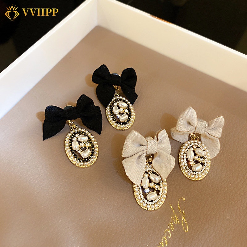 Anting Bow Drop Mewah Anting Tusuk Beige Hitam Mutiara Kristal Earring Untuk Aksesoris Perhiasan Wanita