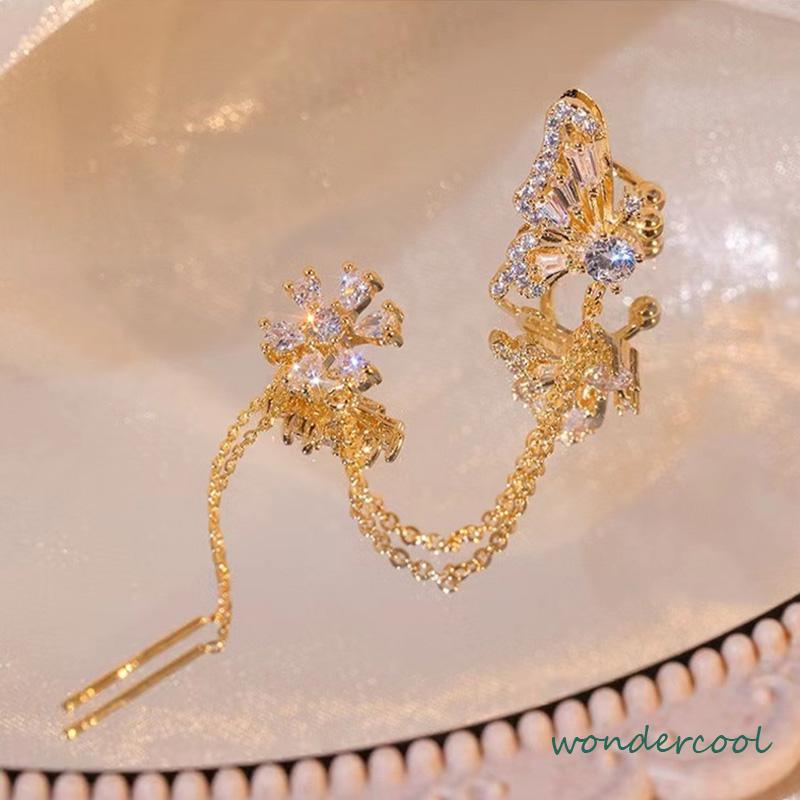 Anting Kupu-kupu Cinta Bunga Telinga Tulang Klip  Terintegrasi Desain Rasa Temperamen Rumbai Eardrop-Won