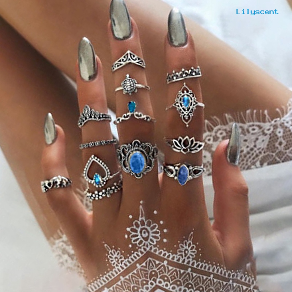 [LS]11/1/13 /15 Pcs Ukir Bunga Stackable Knuckle Rings Alloy Bohemia Hitam Faux Permata Jari Cincin Perhiasan Aksesori