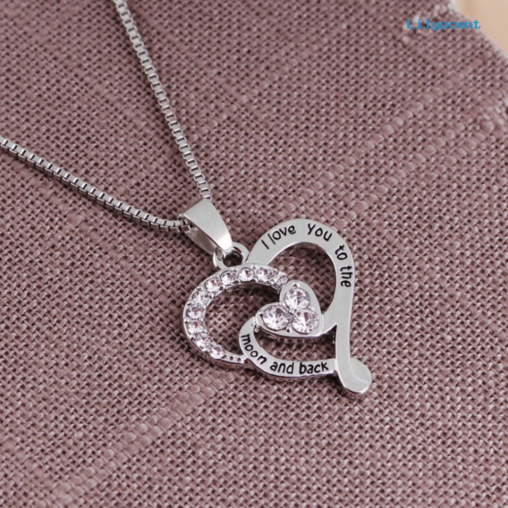 [LS]I Love You to the Moon Berongga Berlian Imitasi Jantung Liontin Kalung Hadiah Hari Ibu