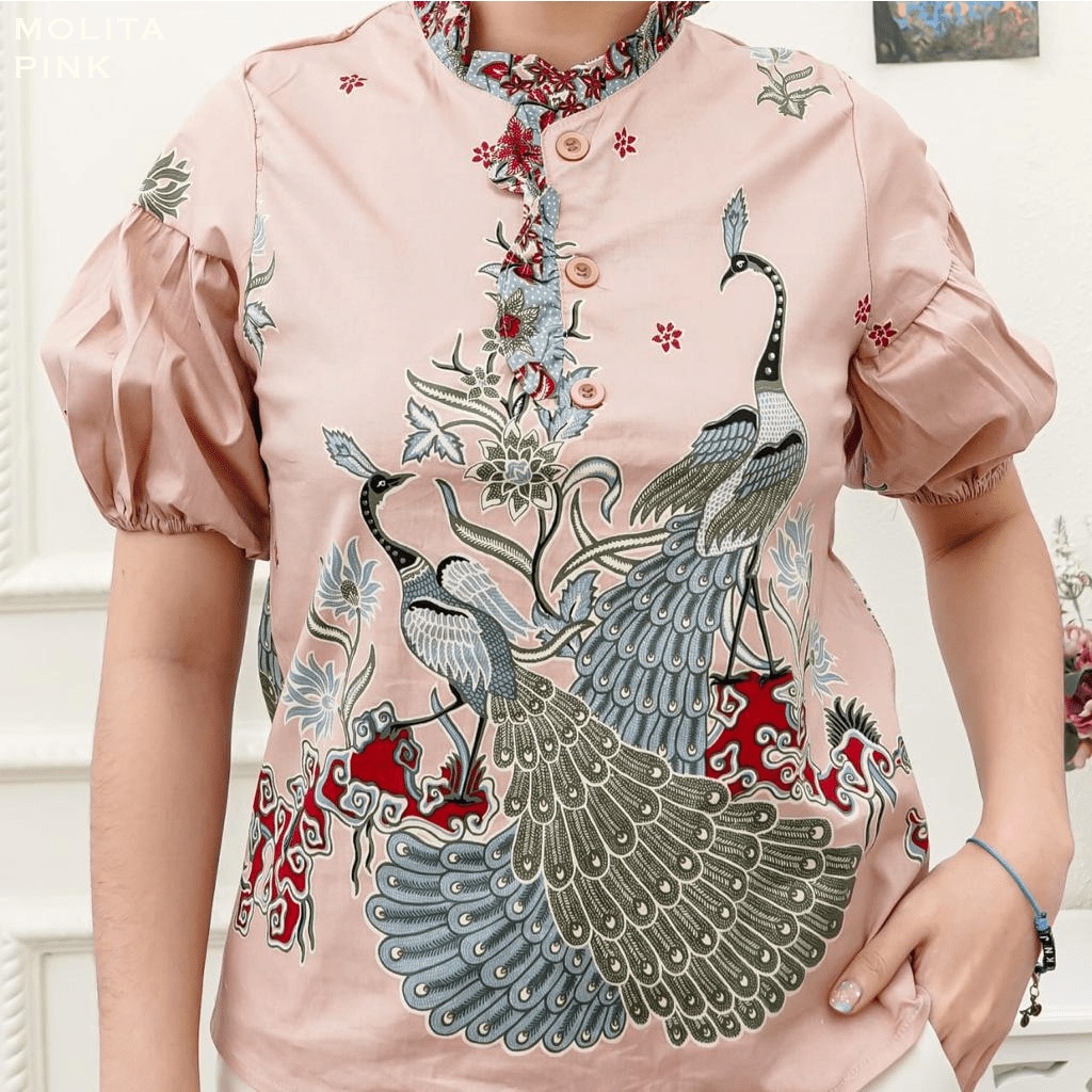 Evercloth Molita Atasan Batik Wanita Blouse Batik Perempuan Model Lengan Puff Baju Batik Cewek Katun Stretch Premium Batik Couple Family Set Sarimbit Burung Hong Merah Putih