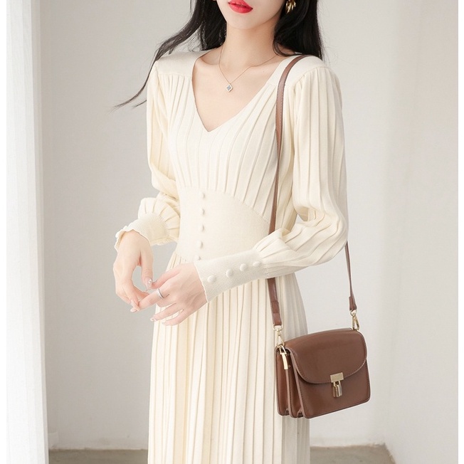 【Elegant】V Neck s Long Sleeve Ribbed Stretch Midi Dresses  2355