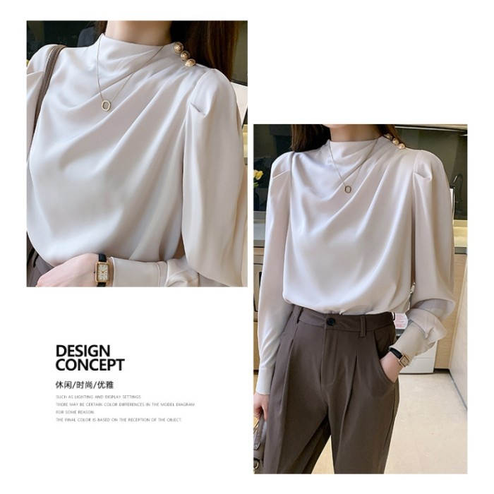 Blouse wanita warna putih katunsilk korea lengan panjang elegant