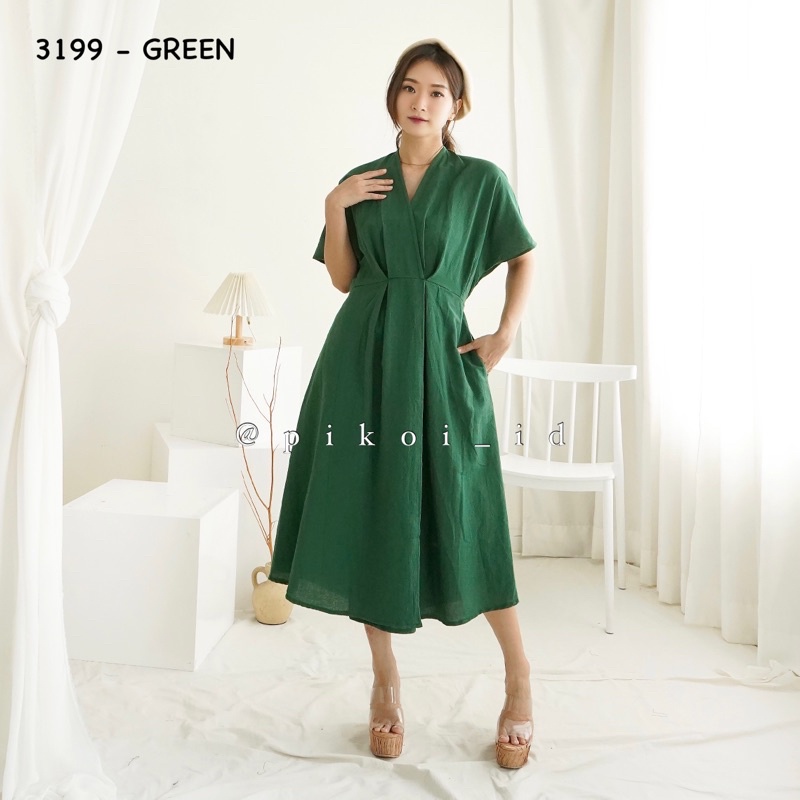 Dress natal merah imlek / dress wanita v neck lengan pendek / dress katun linen korea / 3199