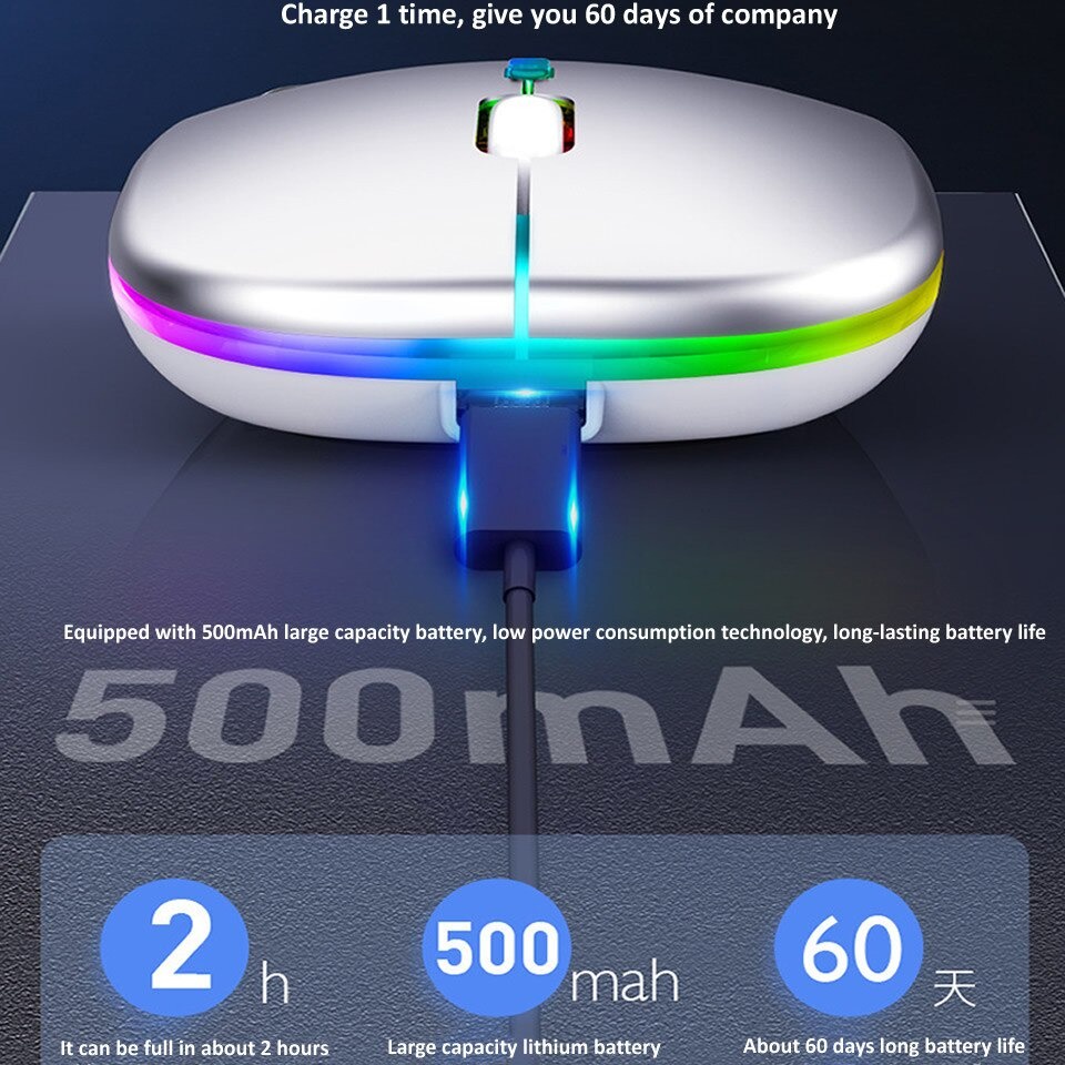 Mouse Wireless RGB Lights Optical USB Mouse Bluetooth Rechargeable Slim Design Silent Click RGB LED Mouse