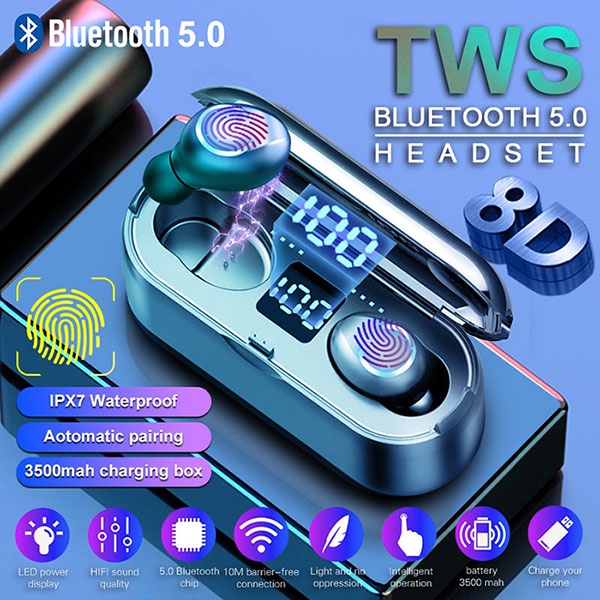 F9-8 Headset Bluetooth 5.2 TWS Bass with Powerbank Noise Reduction Earphone Wireless IPX7 Waterproof HiFi Stereo Sound Headphone Henset Bloetooth with Microphone Sport Handset Gaming Hedset Handsfree Earbuds Hendset Hanset Hetset Heandset Android