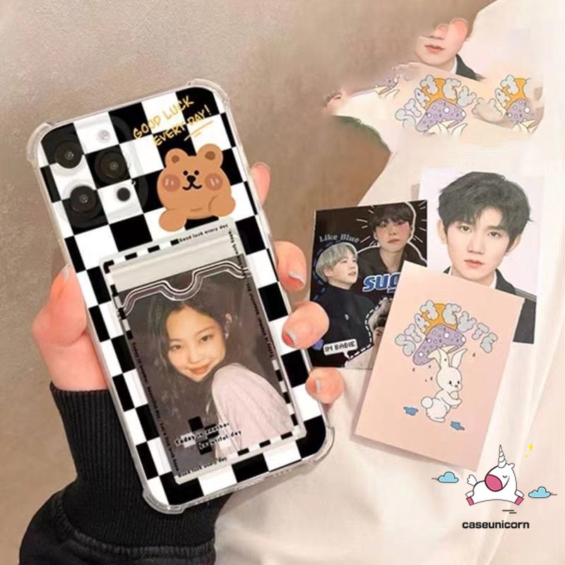 IPHONE Casing Ponsel Kompatibel Untuk Iphone14 11 13 12 Pro Max7 8 6 6s Plus XR X XS Max Se2020Motif Kartun Lucu Beruang Kotak-Kotak Transparan Lembut Dompet Slot Kartu Holder Cover