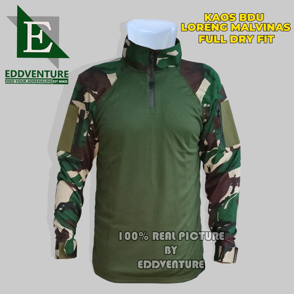 Baju Kaos Lengan Panjang BDU Loreng Malvinas TNI Bahan Full Dry Fit Crew Neck Dri Fit Turtle Neck Dryfit Kerah Tinggi TAD Kasal Kasau Kasad Resleting Waterproof Pria Wanita