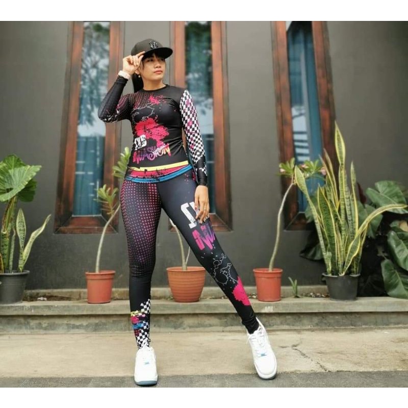 SETELAN BAJU OLAHRAGA SENAM AEROBIK WANITA SXB PANDEMIC KAOS LENGAN PANJANG DAN LEGGING