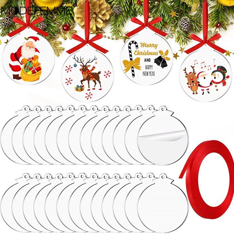 10pcs Akrilik Bening Bulat Disc Natal Ulang Tahun Tahun Tahun Baru Dekorasi Anak Lucu DIY Craft Writable Hias Liontin Pohon Natal Kunci Tas Sekolah Gantung Ornamen