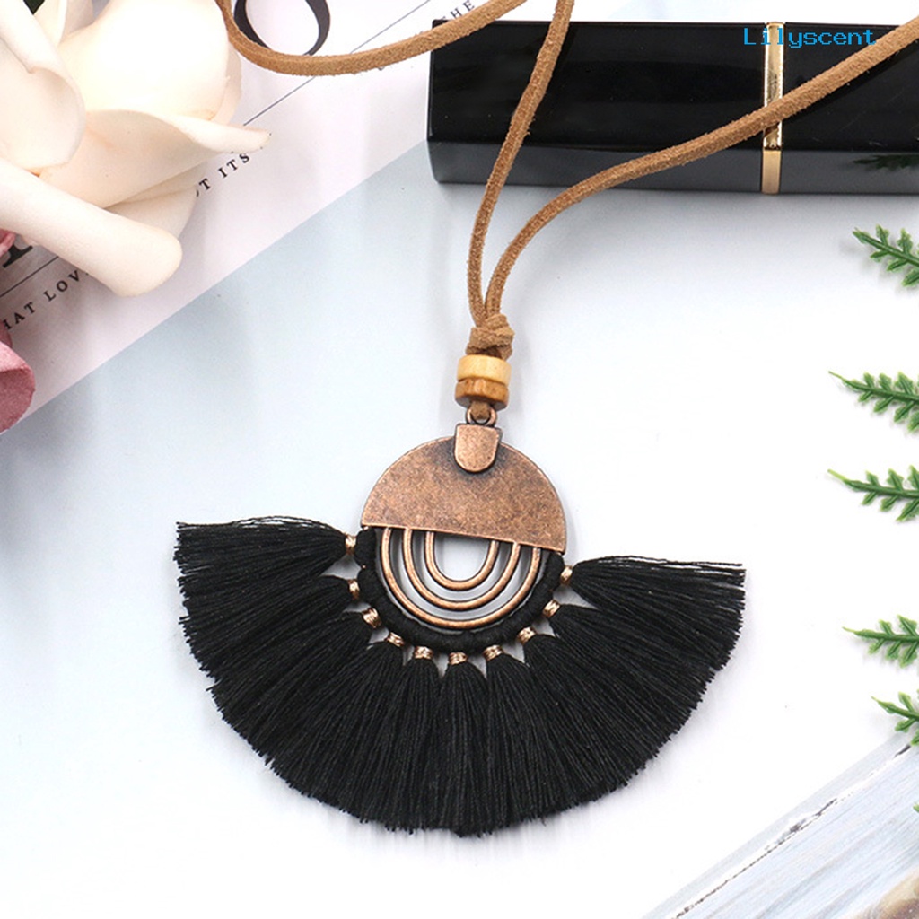 [LS] Bohemian Gaya Etnik Kalung Alloy Berbentuk Kipas Benang Katun Rumbai Wanita Necklace Perhiasan Aksesoris