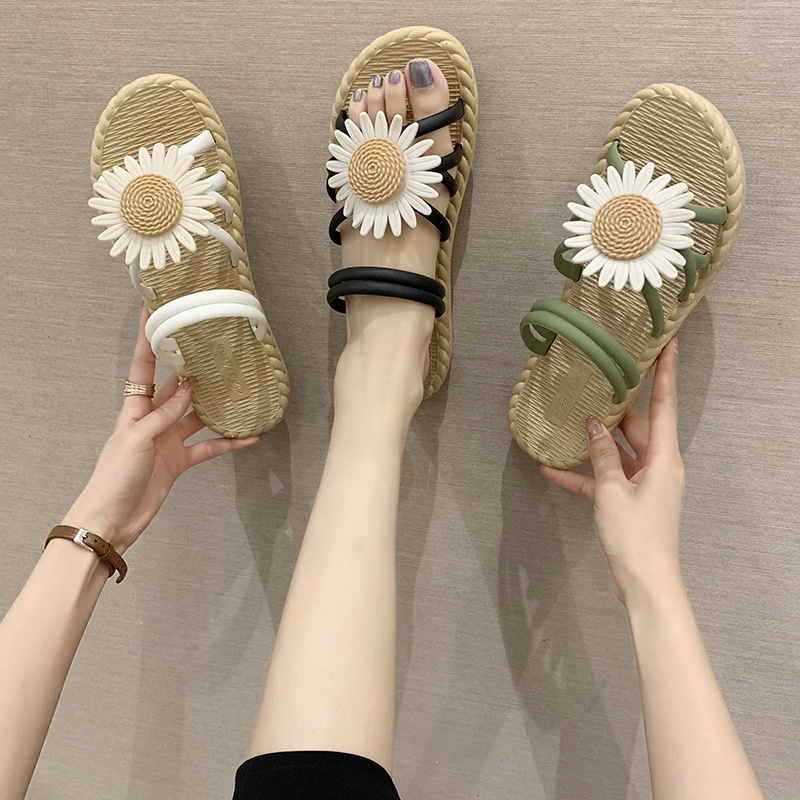 Sandal Slop Flat Tali Kepang Bunga Daisy Sandal Wanita Slip On Fashion Style Kasual Nyaman Empuk PVC Satu7an SPT-38