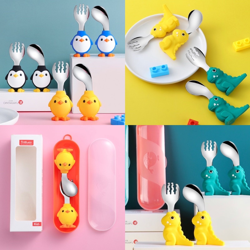 Sendok garpu Bayi Stainless 316 free Case / Sendok Bayi Premium Lucu / Sendok Garpu Dino Penguin