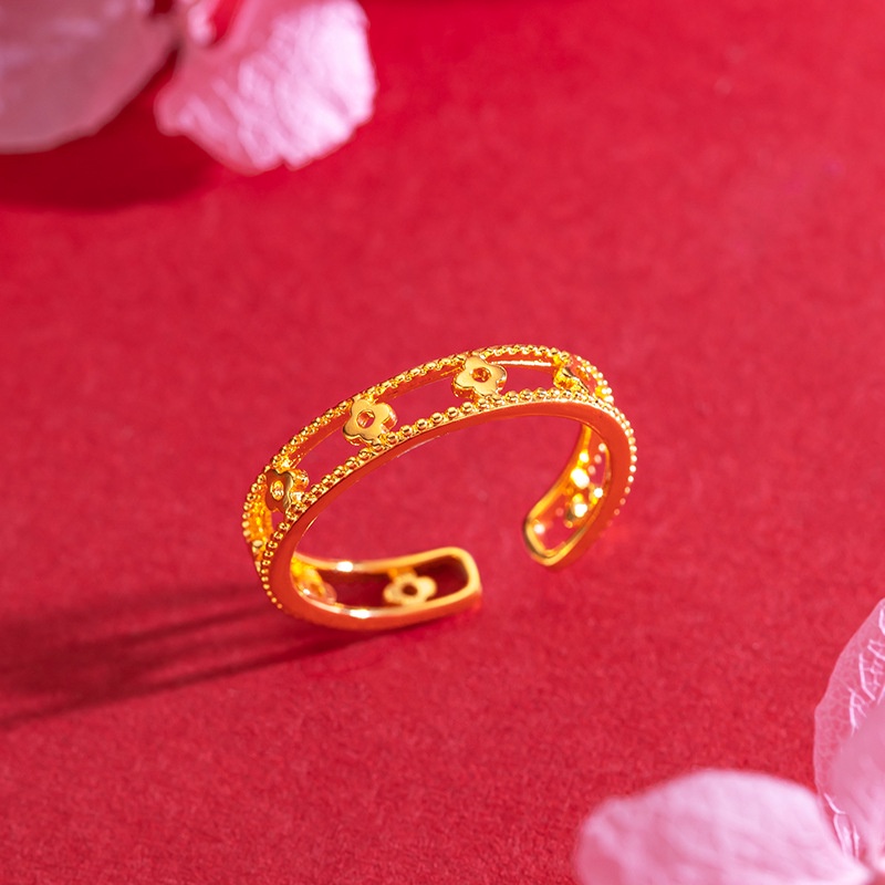 Goldkingdom Perhiasan Fashion Emas Asli Kadar 375 Bangkok Aksesoris Ready Stock Ins Four-leaf Clovers Interlocking Couples with Adjustable Rings Untuk Pria Dan Wanita