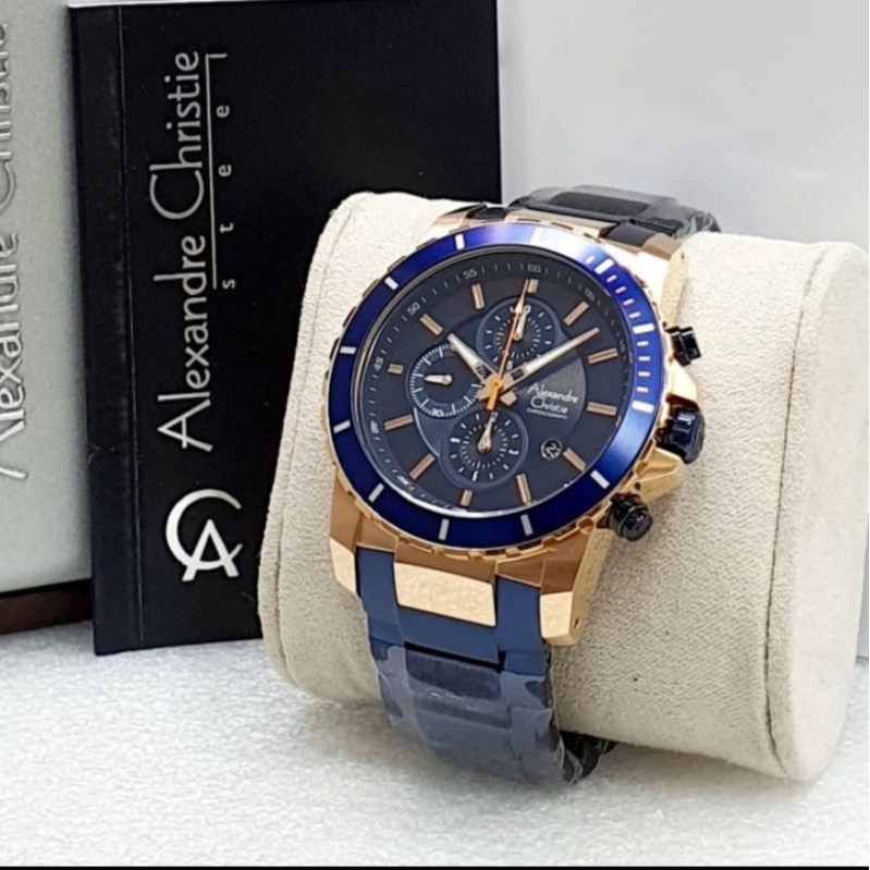 Jam Tangan Pria Alexandre Christie AC Original Warna Biru Rose Gold