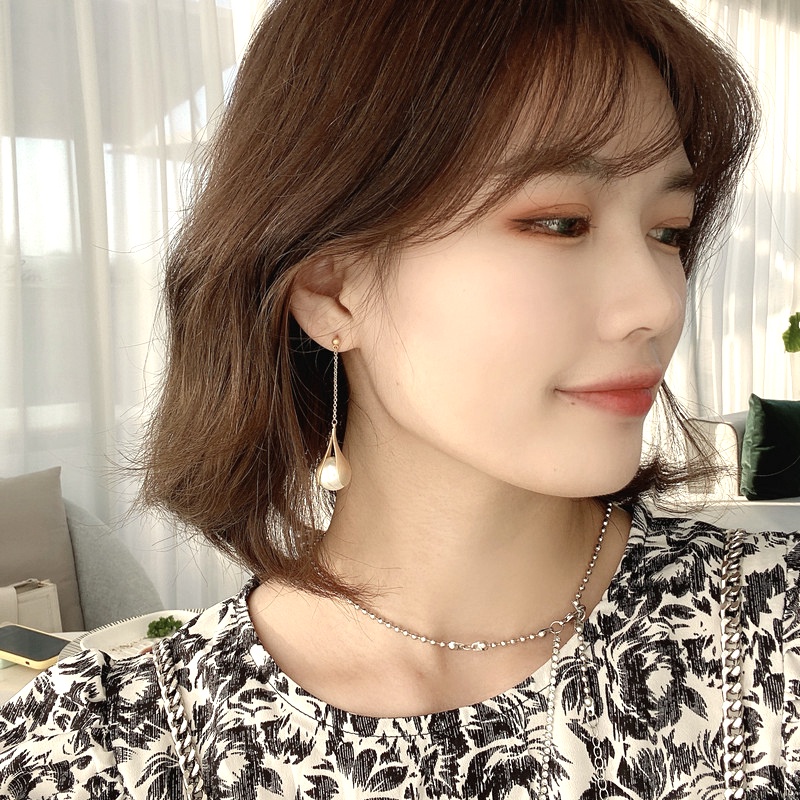 Anting Liontin Bentuk Tetesan Air Korea Anting Tusuk Telinga Panjang Mutiara Elegan/ Aksesoris Perhiasan Anting Geometris Sederhana