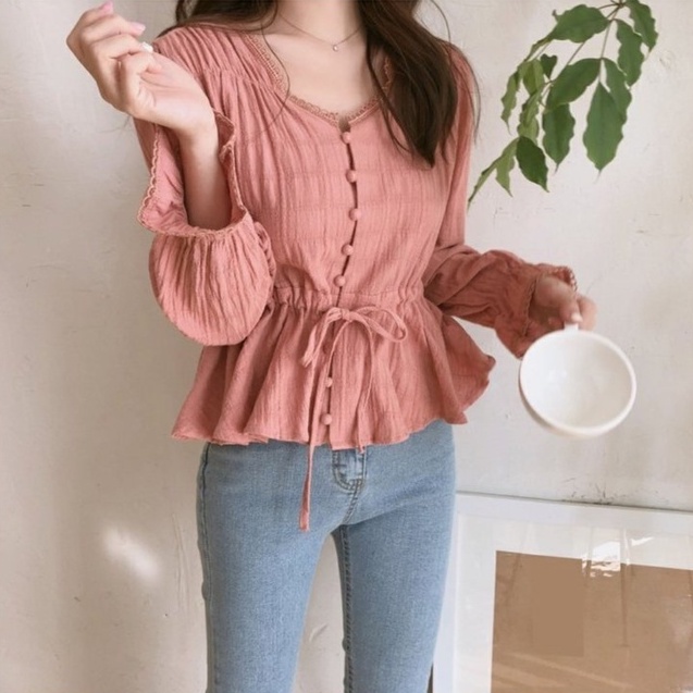 (Fit to XL) Blouse Gaya Korean - Blus Kemeja Wanita Blouse Kualitas Import Korea Kerut Kantor Lengan Panjang Batwing OOTD Atasan Wanita Lengan Panjang - Baju Dewasa Kampus Formal Perempuan ZR Vedia