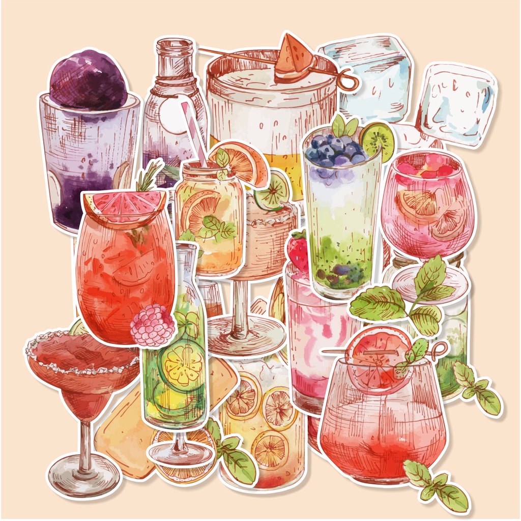 

(50 pcs )Random jurnal stiker /murah bisa cutting/random satuan stiker/VINTAGE DRINK-watercolor