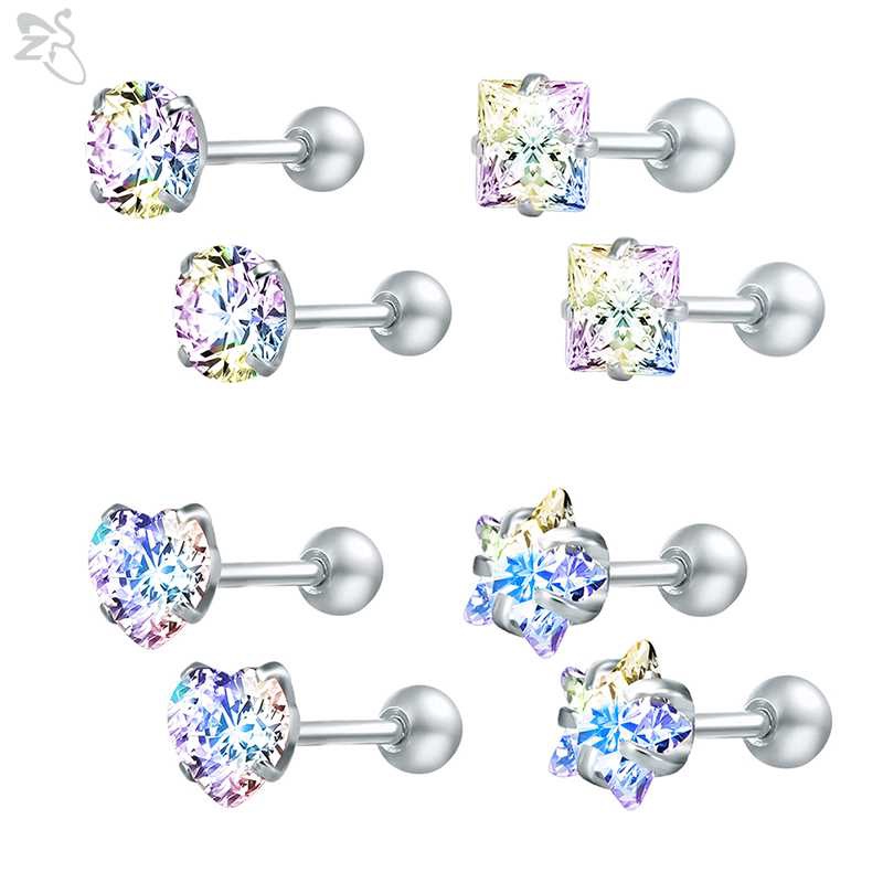 4pasang/lot Anting Pejantan Kristal Anting Bulat Stainless Steel Bola Sekrup Biru Bintang Tindik Tulang Rawan Helix