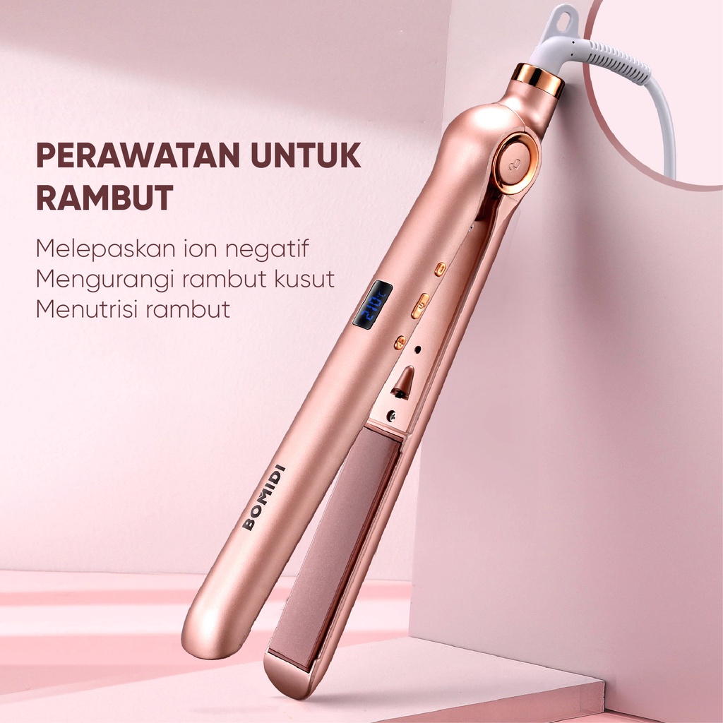 BOMIDI Hair Straightener HS1  Catokan Rambut 2 IN 1 Negative Ions Pink  Pelurus Rambut Curly Hair Straightener Catokan Lurus