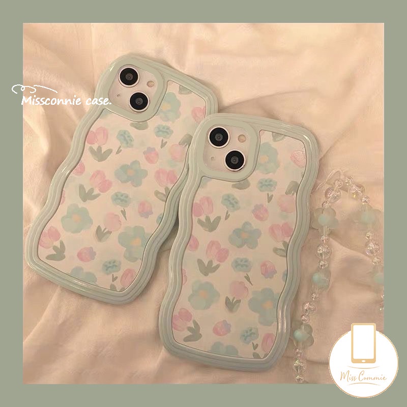 Casing Tepi Gelombang Baru Kompatibel Untuk iPhone 11 Pro MAX 7Plus 8Plus XR 6s 6 7 8 Plus 12 13 14 Pro MAX 14 Plus X XS MAX SE 2020segar Cat Air Biru Ungu Bunga Sarung Silikon Lembut