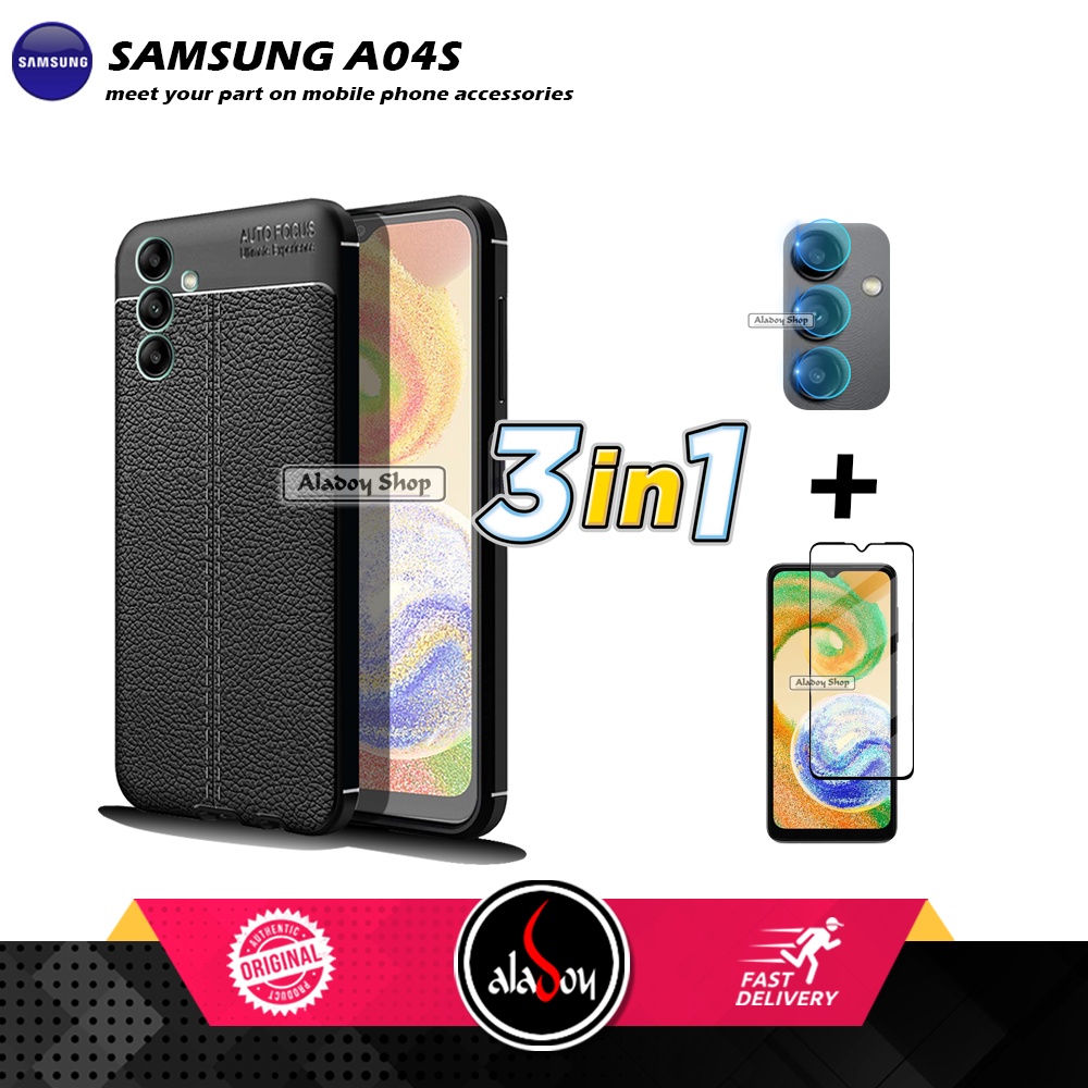 Case Samsung A04s Softcase Leather + Tempered Glass Layar Full Cover + Tempered Glass Camera