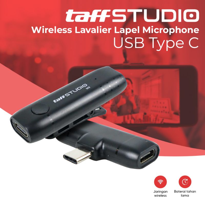 TaffSTUDIO Wireless Lavalier Lapel Microphone System Podcast Live USB Type C - M9 - Black