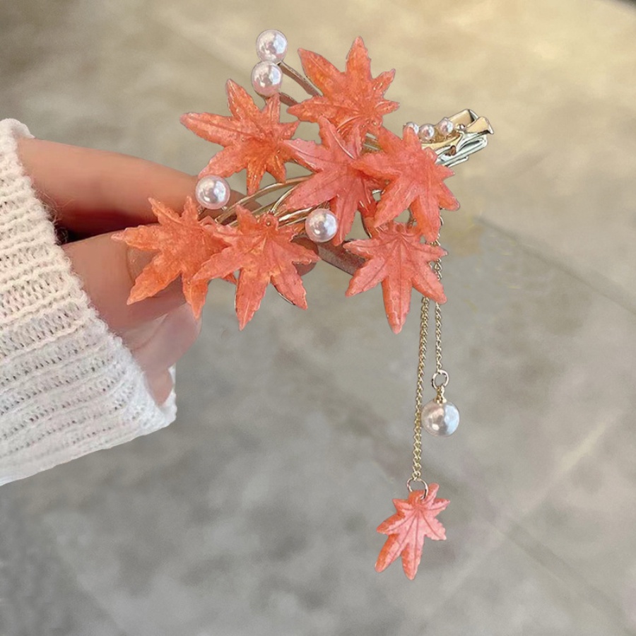 Korea Baru Daun Maple Mutiara Rumbai Jepit Rambut Wanita Alloy Hair Clip Side Clip Aksesoris Rambut