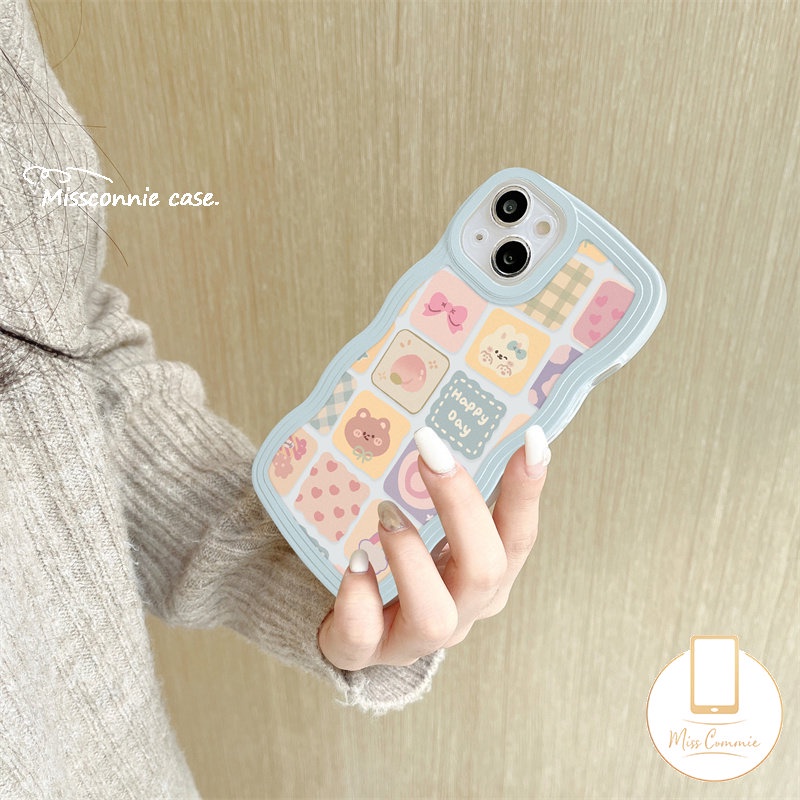 IPHONE Case Compatible Untuk Iphone6 6s 87s 11 Plus 11 12 14 13 Pro Max XR 14plus X XS Max SE 2020lucu Beruang Cinta Hati Pelangi Kartun Kisi Ilustrasi Lembut Gelombang Penutup Tepi