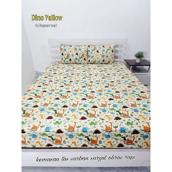 SPREI KARET KATUN PREMIUM 100/120/160/180/200 MOTIF DINOSAURUS DINO YELLOW KUNING - SPREI TINGGI 30C