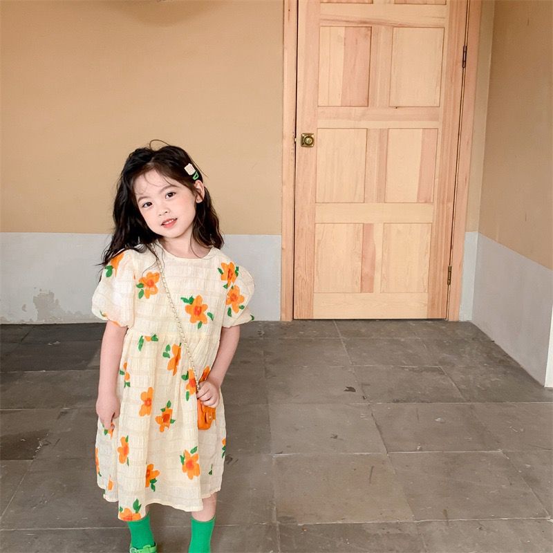 Dress Anak Perempuan Fashion Import - Motif Flower Orens Hijau