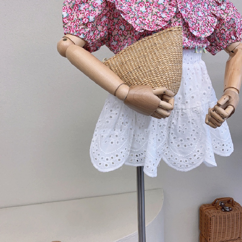 LNR Shop Satu Setelan Anak Perempuan Import Lengan Pendek Bermotif Bunga Lucu dan Rok Renda Kemeja Blouse Berkerah Rok Celana Outfit Spring's Summer Floral Flower
