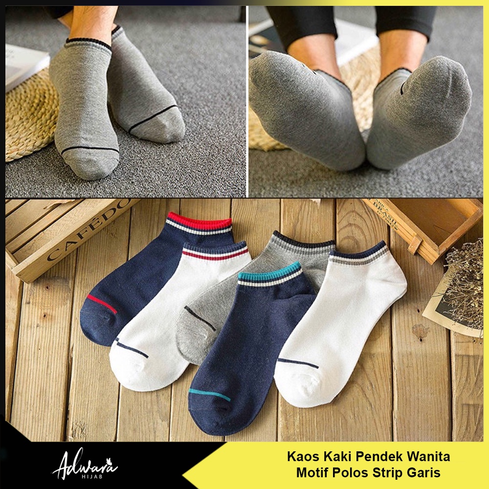 Kaos Kaki Pendek Wanita Motif Polos Strip Garis Gaya Fashion Korean Katun Kualitas Import