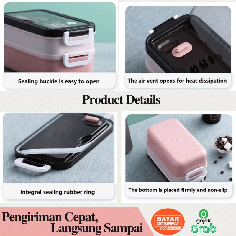 Lunch Box 2 susun dilengkapi set alat makan / Kotak Makan 2 tingkat anti tumpah