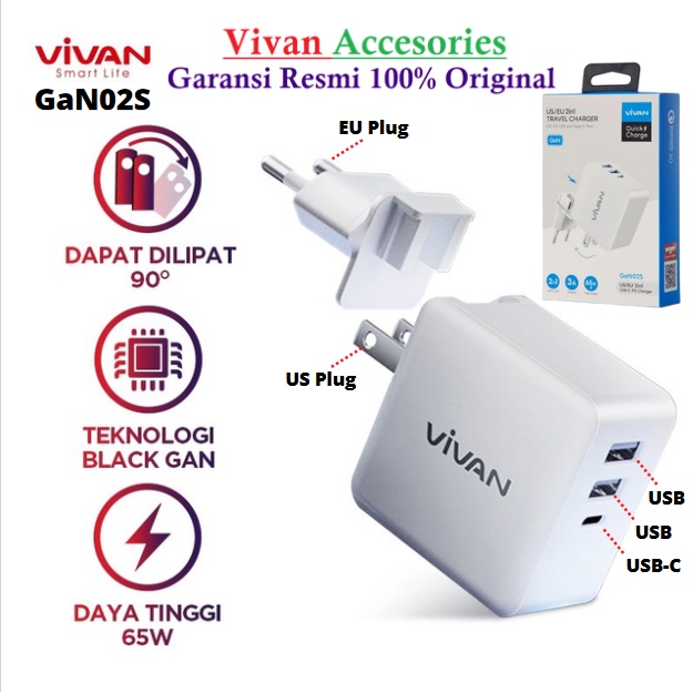 Vivan GaN02S 65W 5.4A GaN Travel Charger Fast Charging 3 Port USB-C