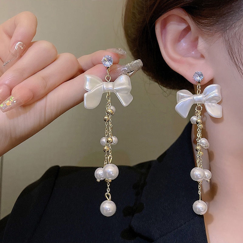 925jarum Perak Mewah Panjang Rumbai Berlebihan Bow Tie Earrings Wanita Anting Mutiara