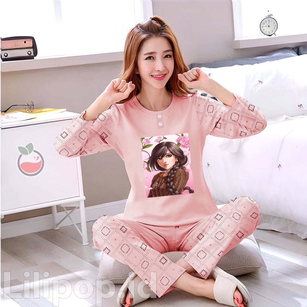 Lilipop.id  Baju Tidur Wanita hijab Celana Panjang PP Allsize Lengan Panjang Baby Doll Bahan Kaos Dewasa