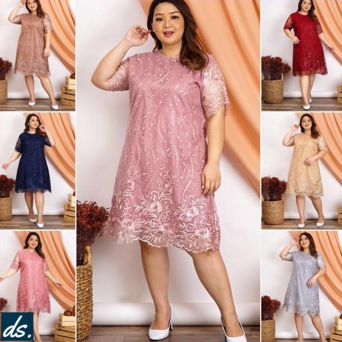 Dress Wanita Jumbo Besar XXL XXXL Brukat Brokat Baju Pesta Big Size
