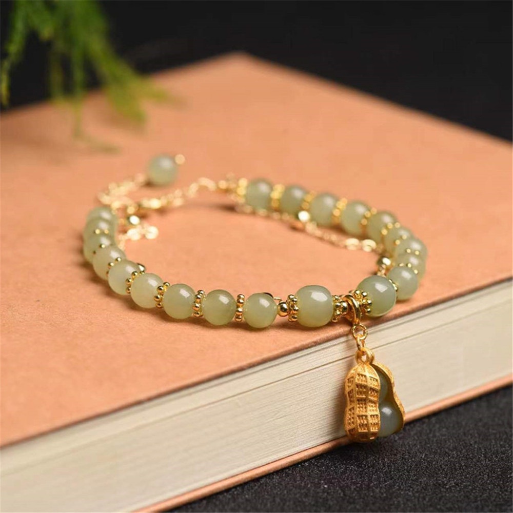 Woman light luxury Elegan retro peanut pendant Jade double-layer Rantai Gelang Perhiasan Hadiah